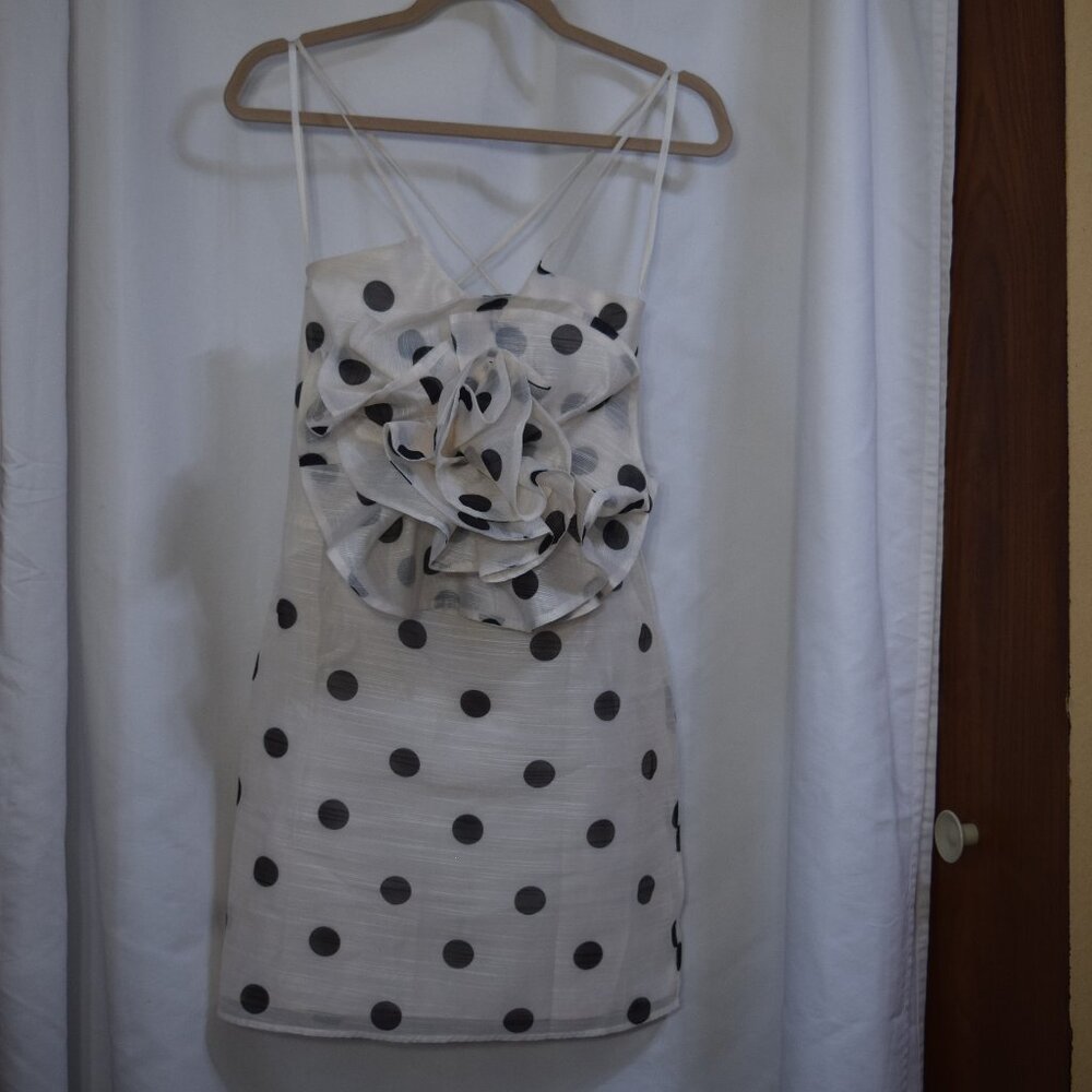 Luxxel Cocktail dress, cream color with black dots and large ruffle design